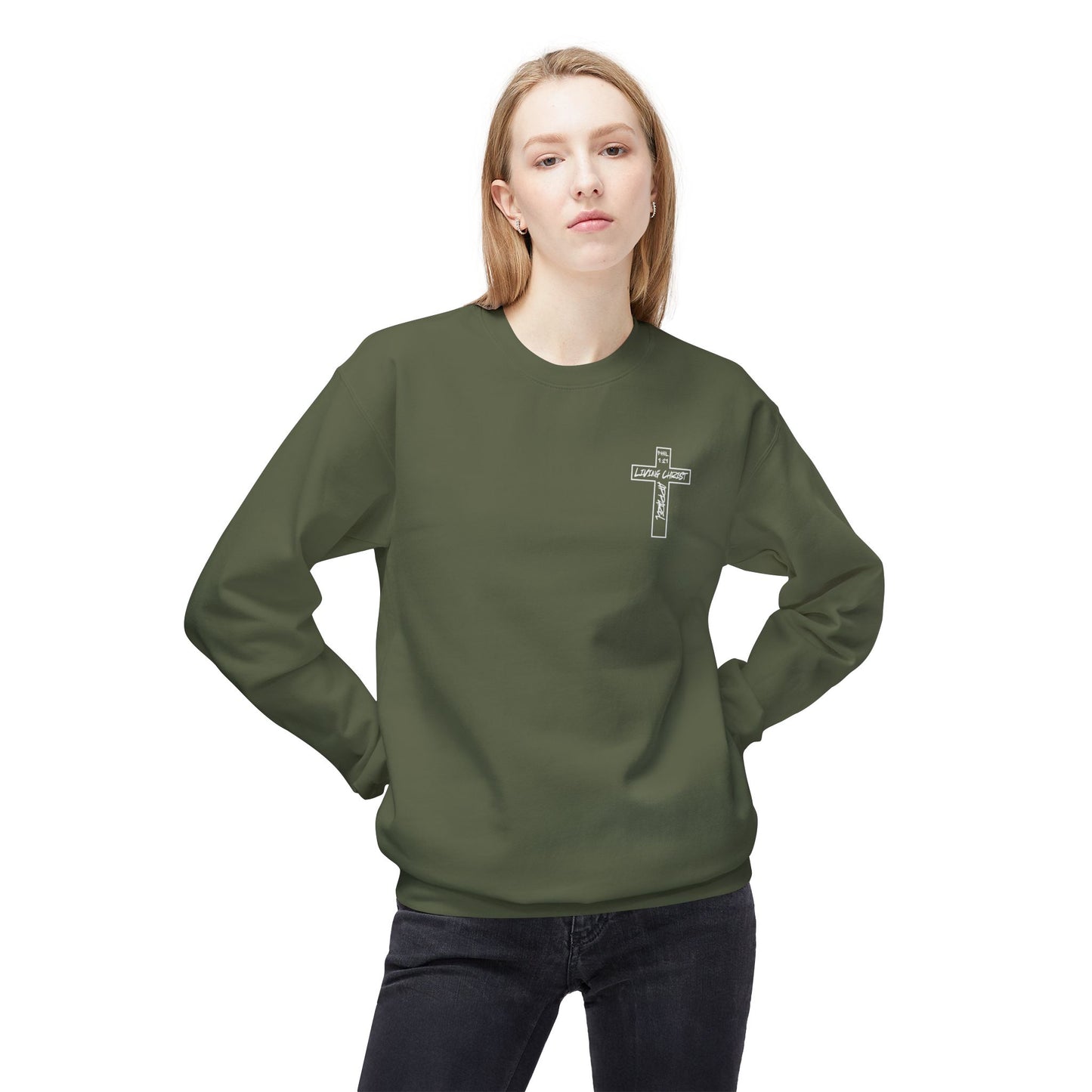 Living Christ Apparel Softstyle Fleece Crewneck Sweatshirt Cross Logo