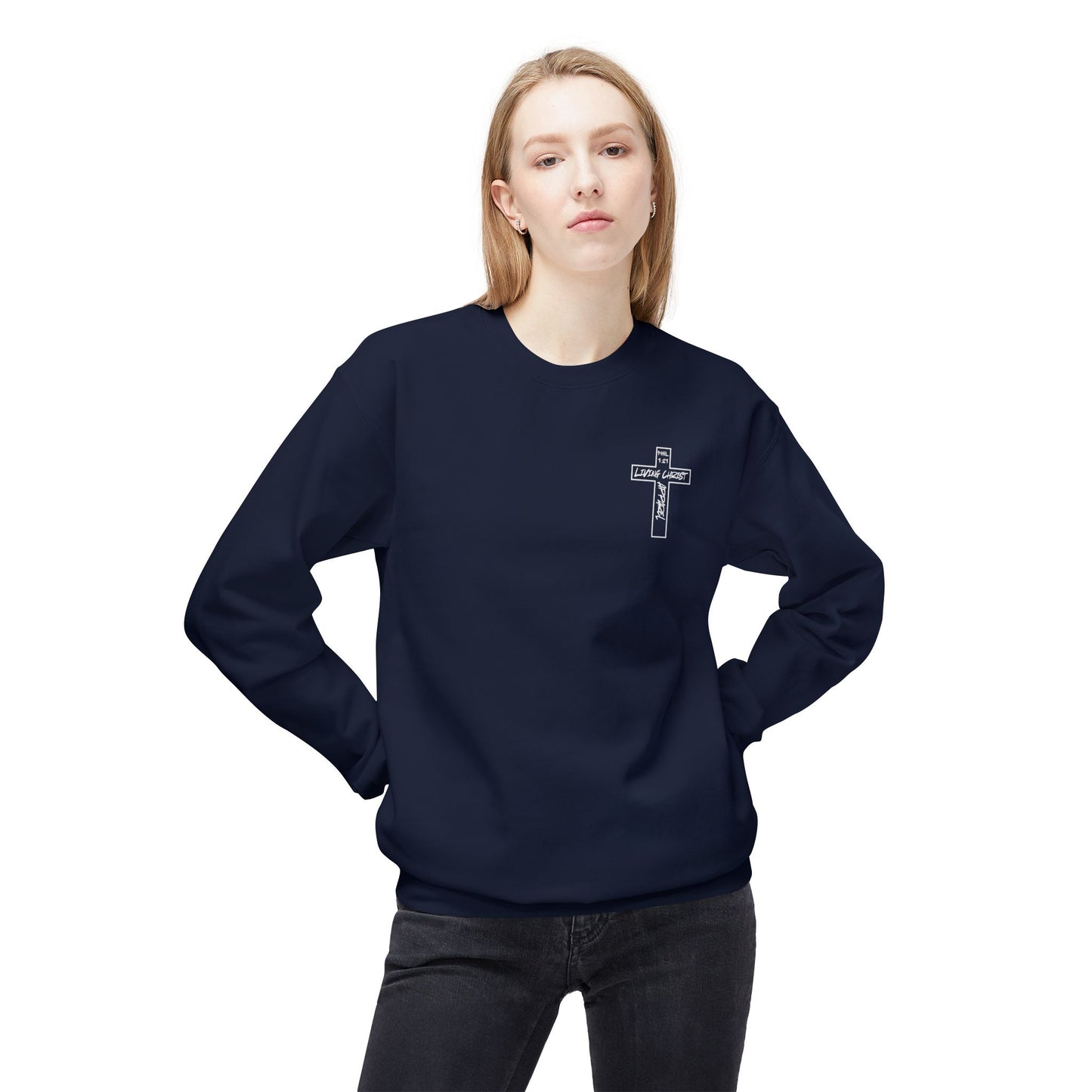 Living Christ Apparel Softstyle Fleece Crewneck Sweatshirt Cross Logo