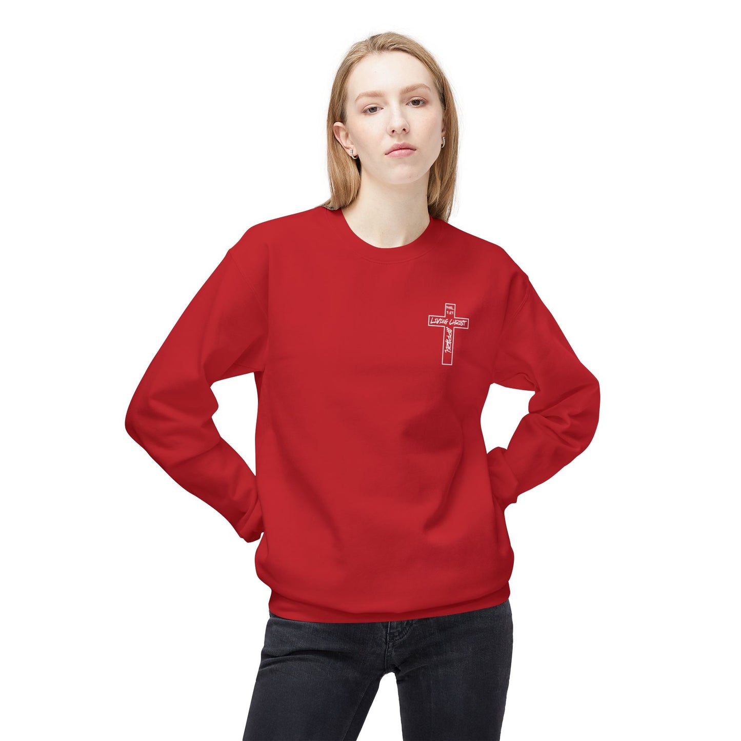 Living Christ Apparel Softstyle Fleece Crewneck Sweatshirt Cross Logo